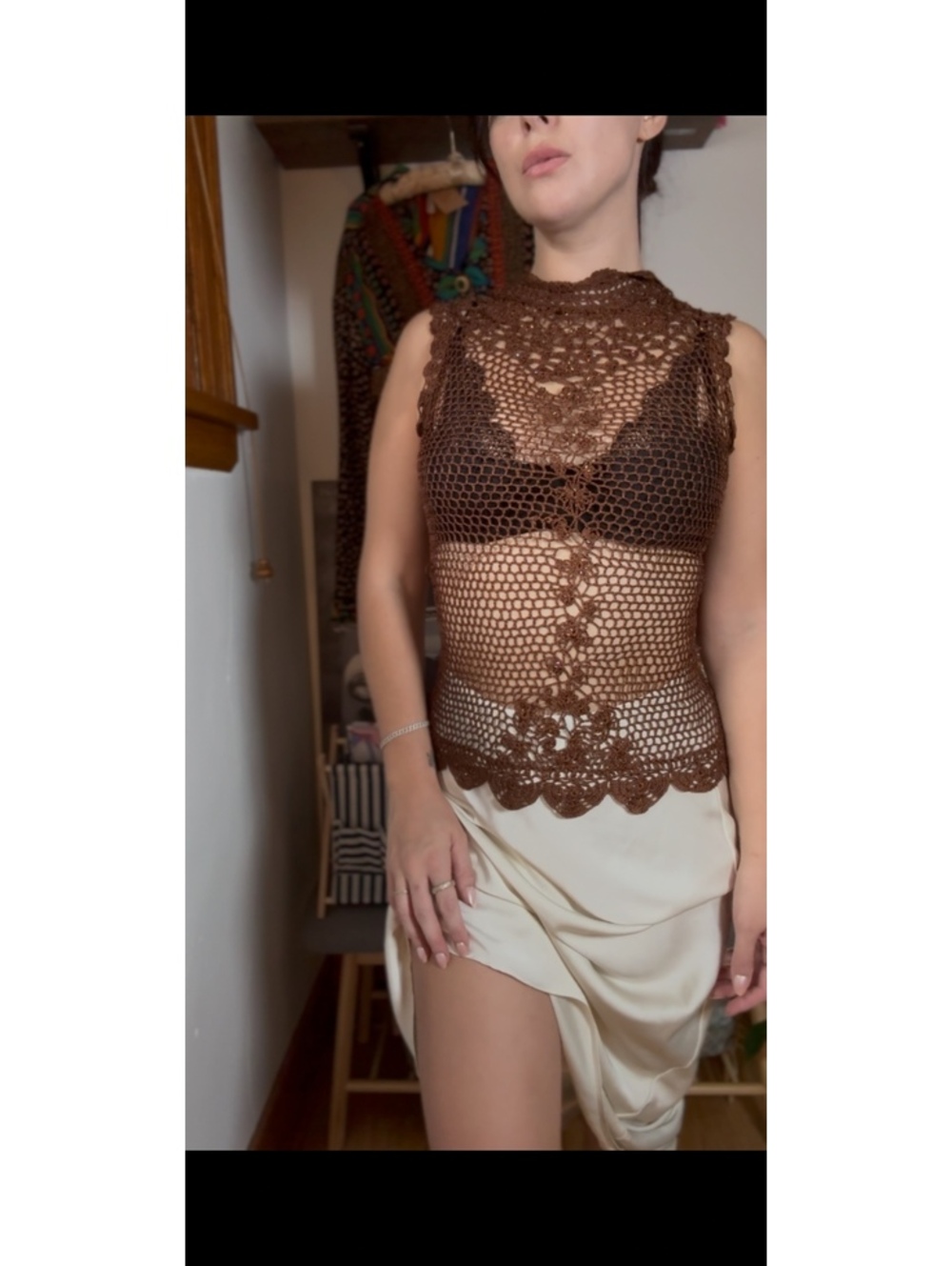 Vintage Handmade Brown Crochet Sleeveless turtle neck top beaded M
